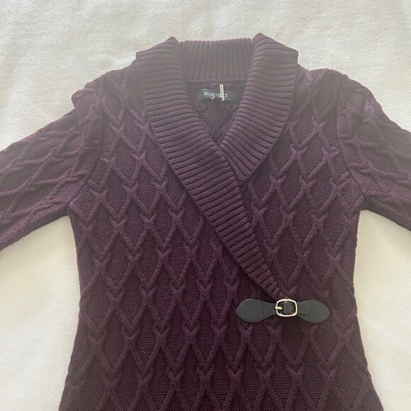 Ellen Tracy Purple Cable Knit Sweater Dress Shawl Collar Buckle Detail SZ PM - Picture 6 of 9